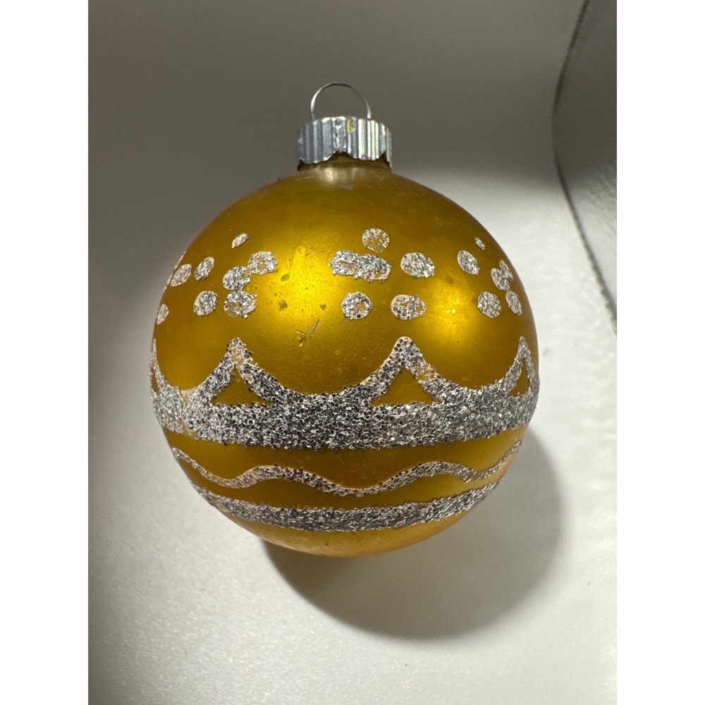 Vintage Shiny Brite Gold Glass Christmas Ornament Silver Glitter Made in USA 2in